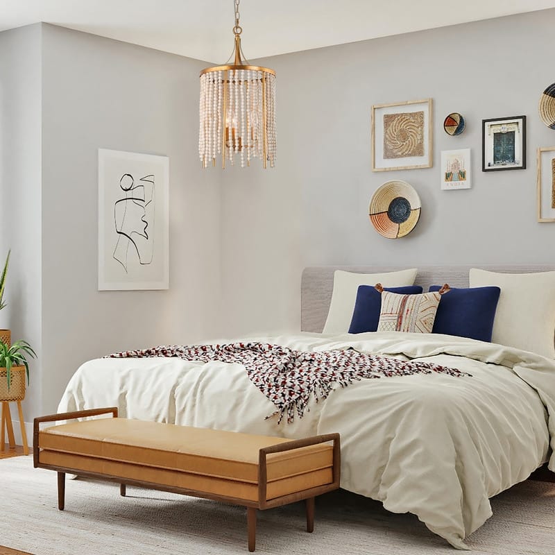 Mid-century Modern Chandelier Drum Pendant Light with Distressed White Wood Beads Bedroom Entryway Dining room - D 12.5"x H 23"