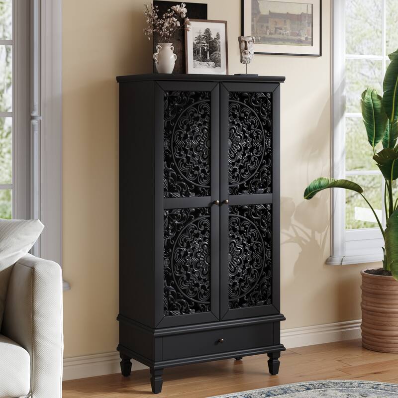 Carved Accent Cabinet Kitchen Pantry Cabinet with Doors, 55" Tall Storage Cabinet with Solid Wood Legs