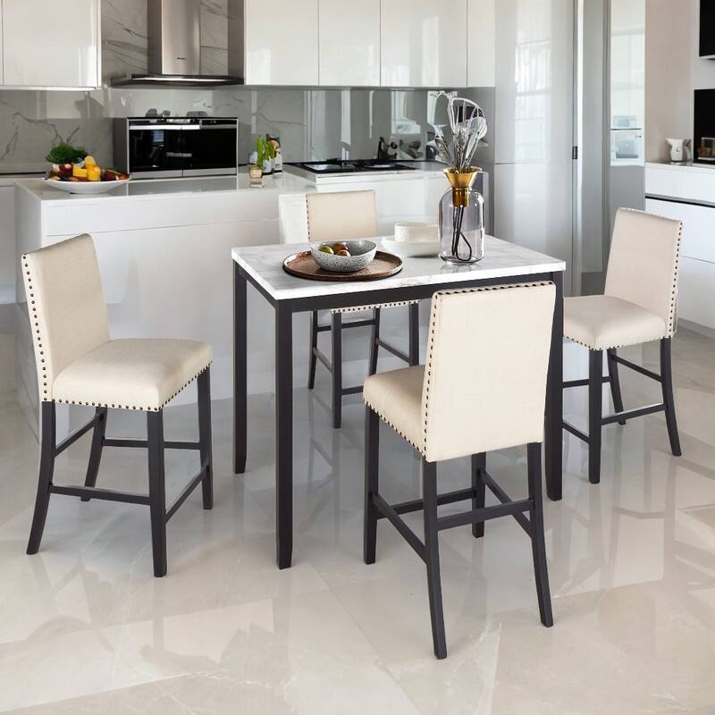 5 Piece Counter Height Faux Marble Modern Dining Set with Matching Chairs and Marble Veneer