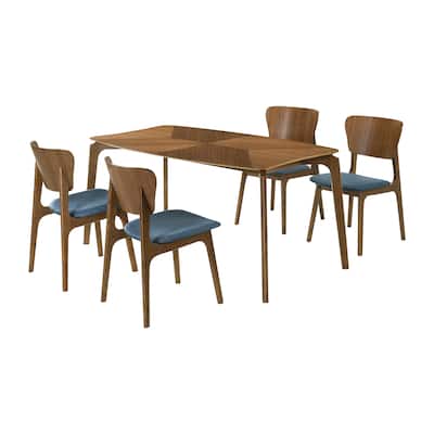 Kalie 5 Piece Dining Table Set with 4 Chairs, Blue Fabric, Walnut Brown
