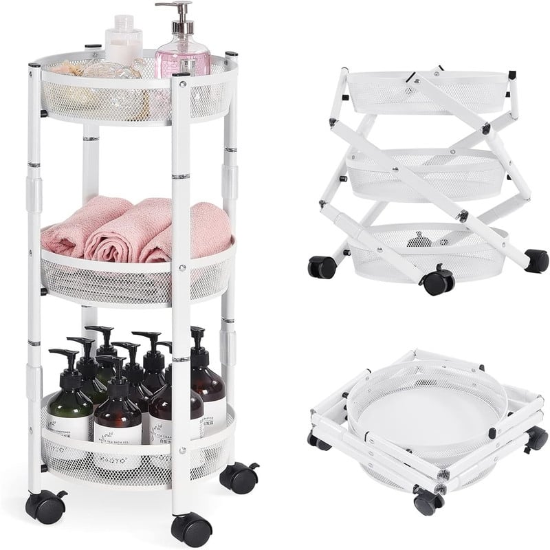 3 Tier Metal Storage Rolling Cart Foldable Utility Cart - 11.02"D x 11.02"W x 28.3"H