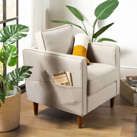 Hana Modern Linen Fabric Armchair with Armrest Pockets in Sand Grey