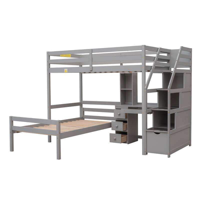 Space-Saving Twin Loft Bed with Stand-Alone Bed, Storage Stairs, Desk and Shelves, Gray