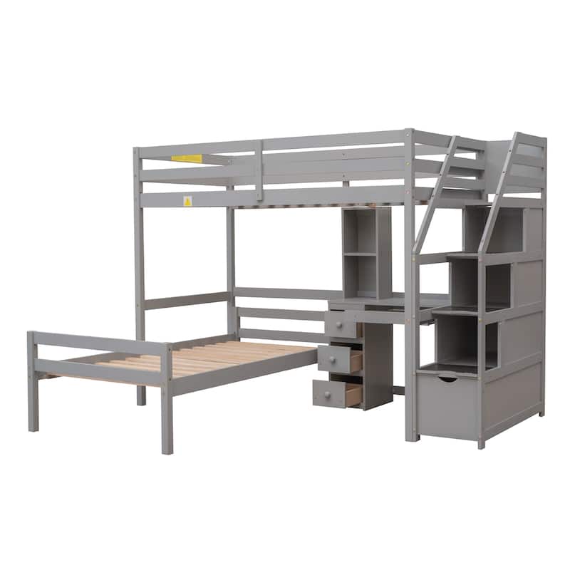 Twin Over Twin Loft Bed with a Stand-alone Bed & Storage Staircase, Solid Wood Twin Bed Frame with Desk, Shelves and Drawers