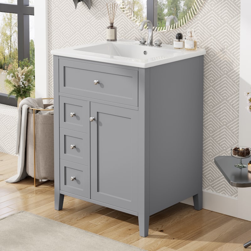 24" Bathroom Vanity with Sink, 3 Drawers & Storage Cabinet, Adjustable Shelves, MDF/Rubberwood