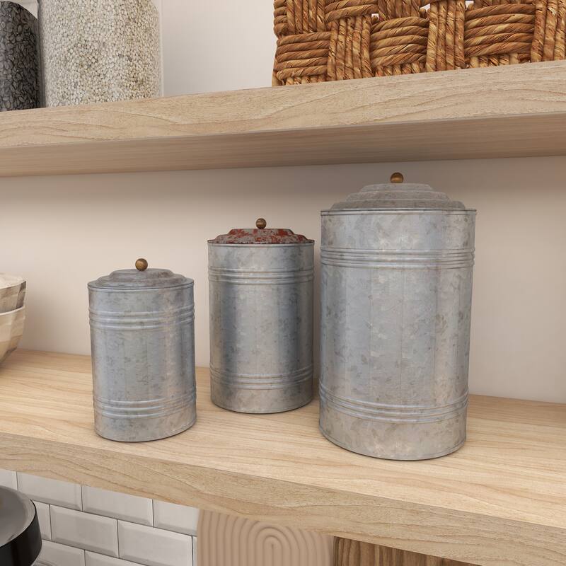 Gray Metal Galvanized Ribbed Living Room Decorative Jars with Gold Ball Knobs (Set of 3)