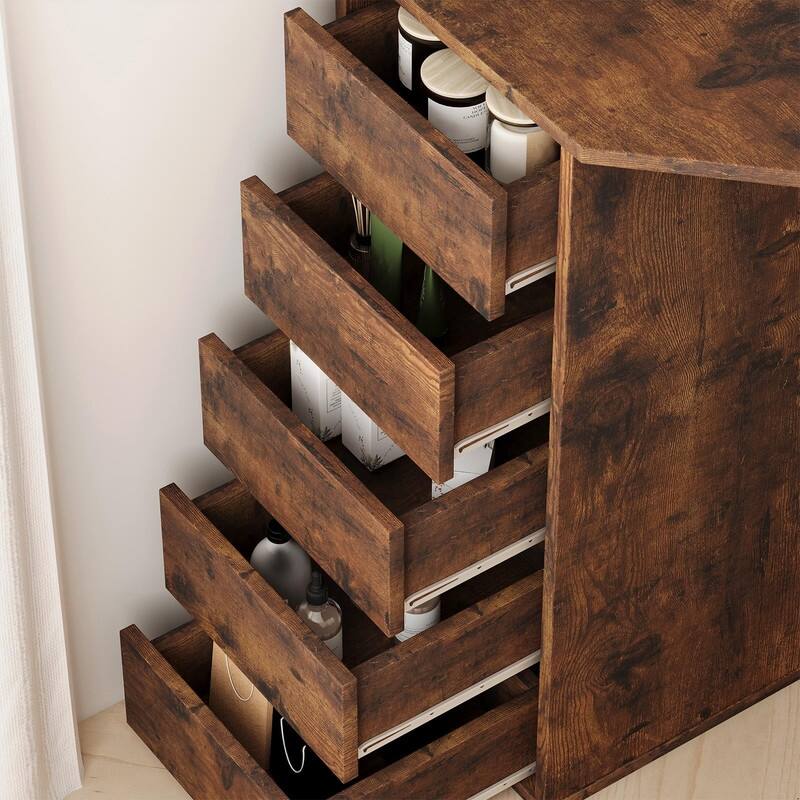 Corner Vanity Desk with Lighted Mirror and Stool, 5 Drawers, Charging Station