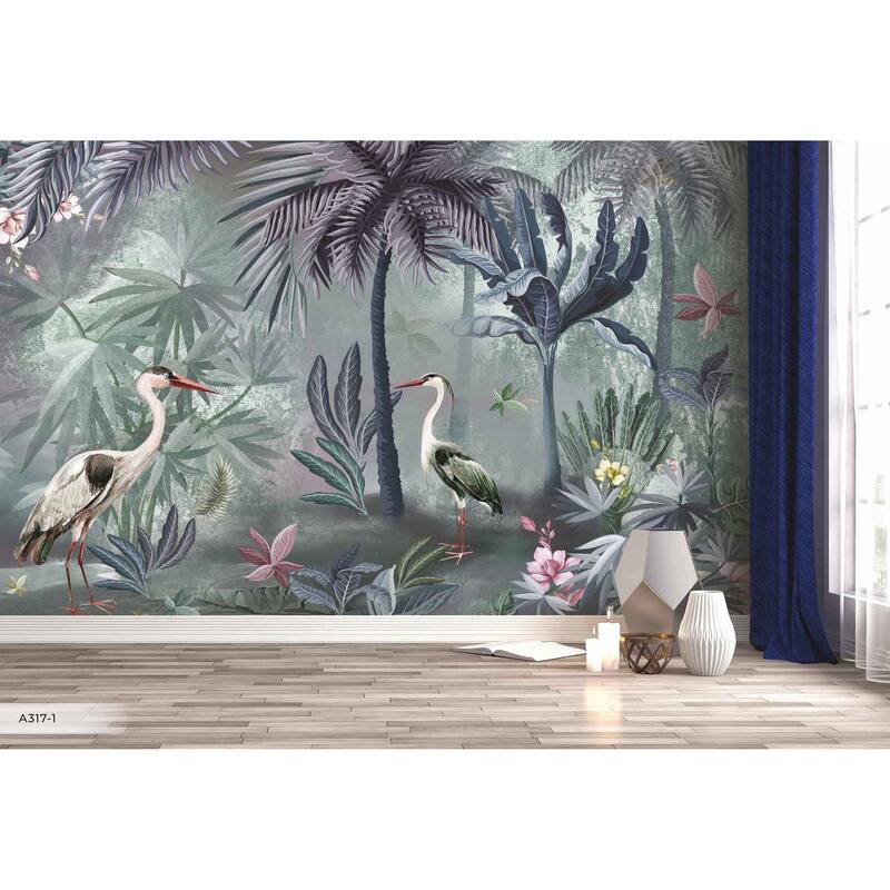 Serene Tropical Oasis Wallpaper Mural Herons and Palm Trees