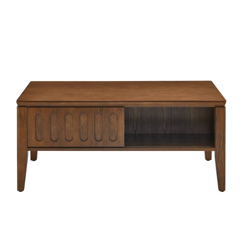 Mid-Century Modern Fluted Coffee Table with Storage Sliding Door
