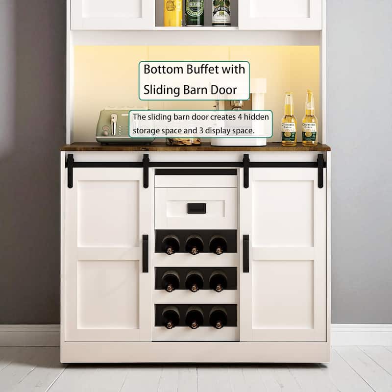 72" Farmhouse Bar Cabinet with Sliding Barn Door, Storage Sideboard with USB & AC Ports, Rustic Kitchen Buffet