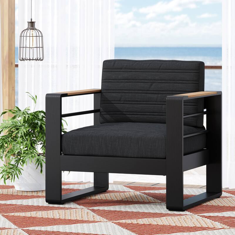 Roomfitters Modern Outdoor Club Chairs with Wood Arm Accents, Deep Cushioned Lounge