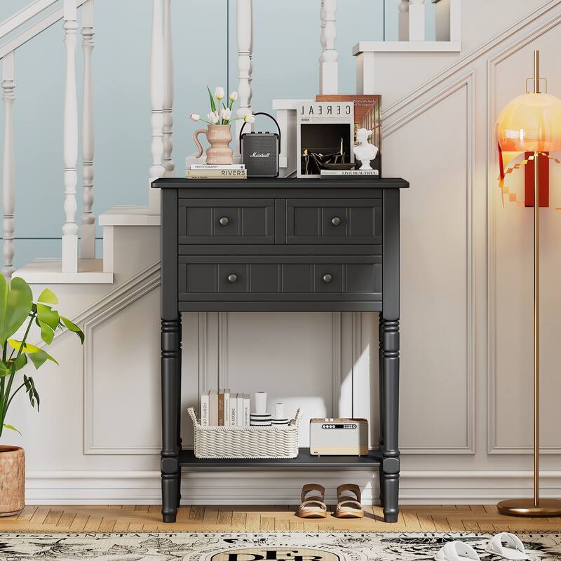 Narrow Console Table, Slim Sofa Table with Three Storage Drawers and Bottom Shelf