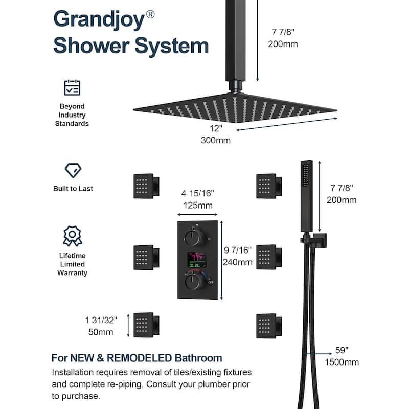 GRANDJOY Thermostatic Shower System Rainfall 12" Ceiling Mount Shower Faucet Digital Display Body Jets Handheld Shower Head