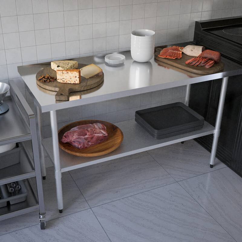 Profeeshaw Stainless Steel Work Table with Backsplash & Adjustable Shelf for Commercial Use - 48"L x 30"W x 37"H