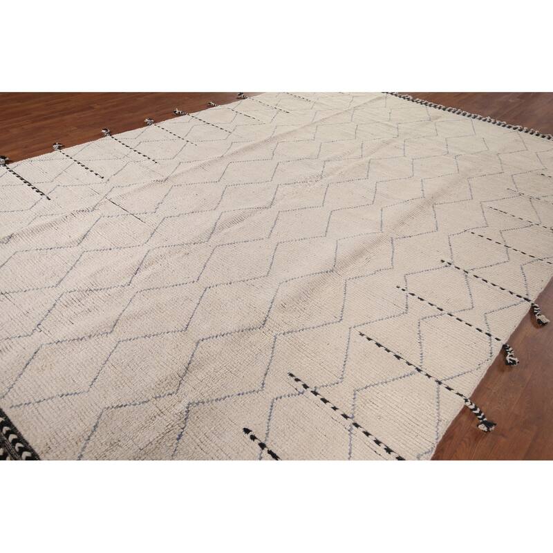 All-Over Ivory Moroccan Oriental Area Rug Handmade Wool Carpet - 8'8"x 12'11"