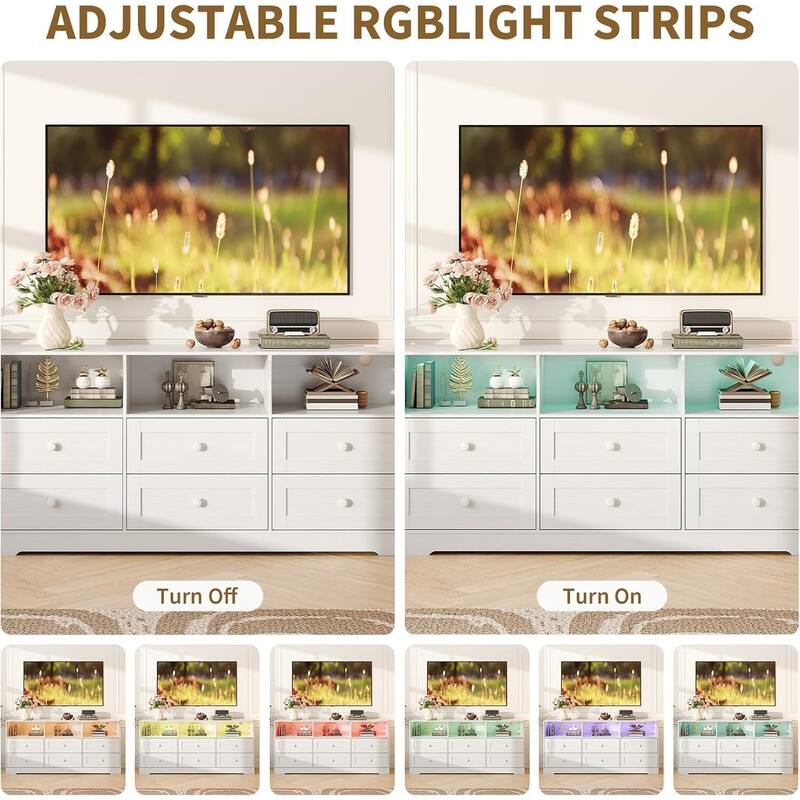 6 Drawer Dresser TV Stand for Bedroom with Charging Station & LED Lights