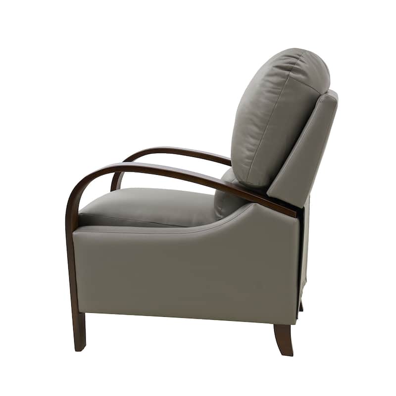 Alex Mid-century Modern Genuine Leather Manual Recliner with Wooden Curved Arms