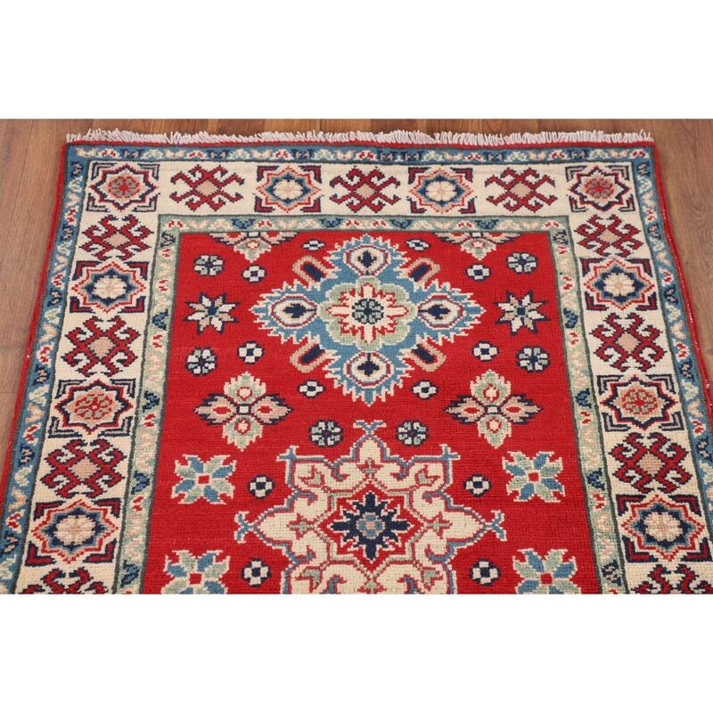 Red Kazak Oriental Accent Rug Handmade Geometric Foyer Wool Carpet - 2'10" x 3'11"