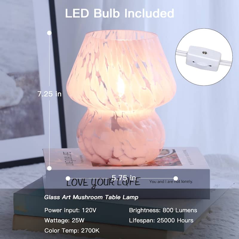 Pink Ripple Glass Table Lamp Dot Mushroom Style with In-line Switch - 5.75'' x 5.75'' x 7.25'' (L x W x H)
