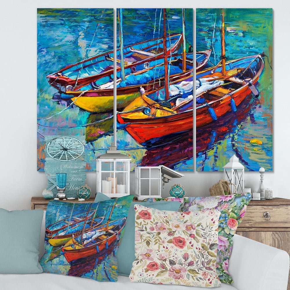 Designart "Three Boats In The Harbor" Nautical & Coastal Canvas Wall Art Print