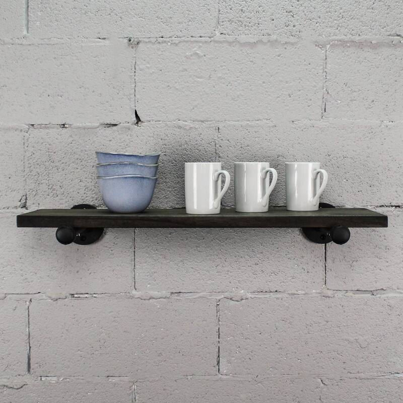Somerville Farmhouse Industrial Wall Shelf - 30-Inch Wide - Espresso Wood with Hammered Black Metals