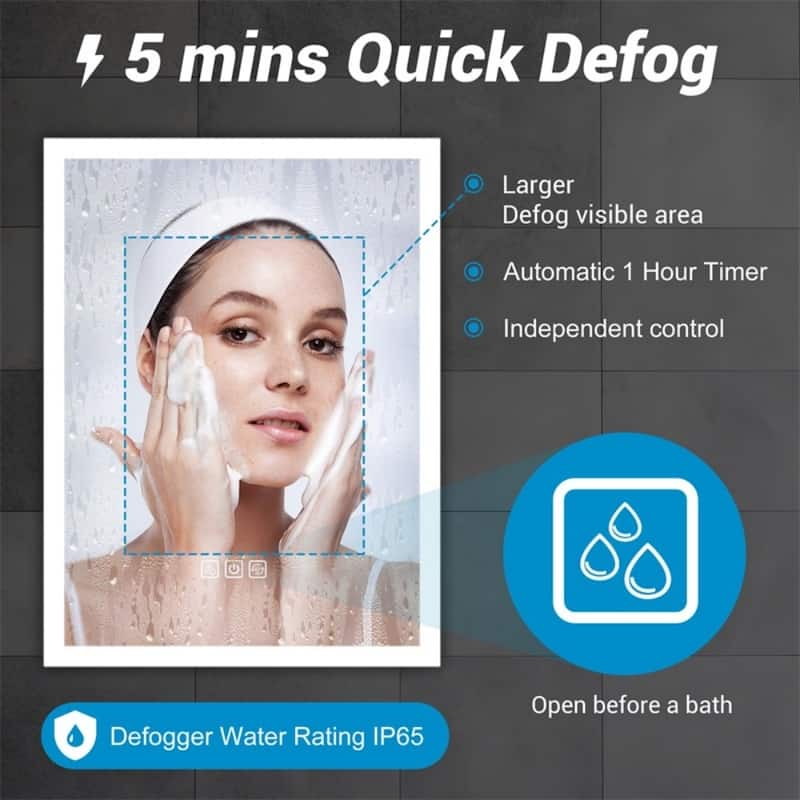 Clear Glass LED Bathroom Mirror with Aluminum Frame, Defog and Touch Control - 40” W x 24” H