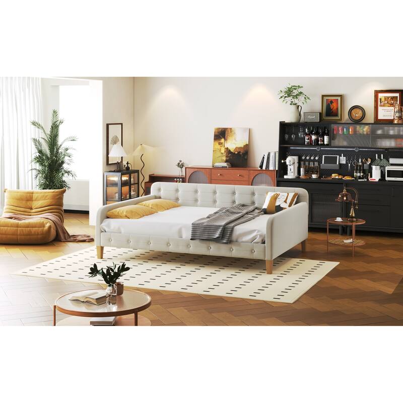 Full Size Velvet Upholstered Daybed Frame with Tufted Backrest & 4 Legs
