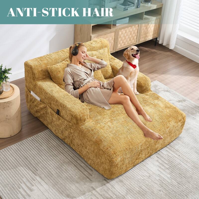 Chenille Lazy Sofa Chaise Lounge with Pillows - Convertible Armchair with Armrests, Multi-Position Sleeper for Living Room