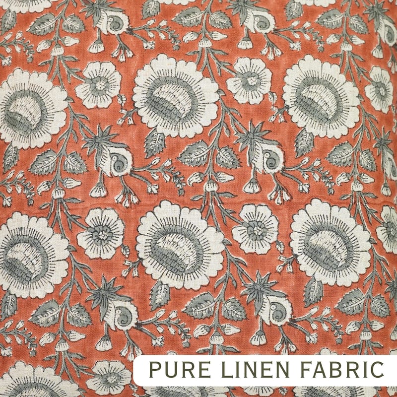 Fabdivine Handmade Block Print Floral Frill Both Side Soft Boho Pure Linen Pillow Cover