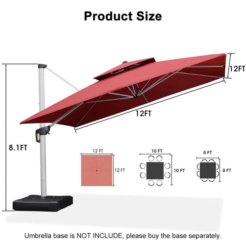 PURPLE LEAF Double Top Deluxe Square Patio Cantilever Umbrella 360 Degree Rotation 9ft/10ft/11ft/12ft Outdoor Classic Umbrella