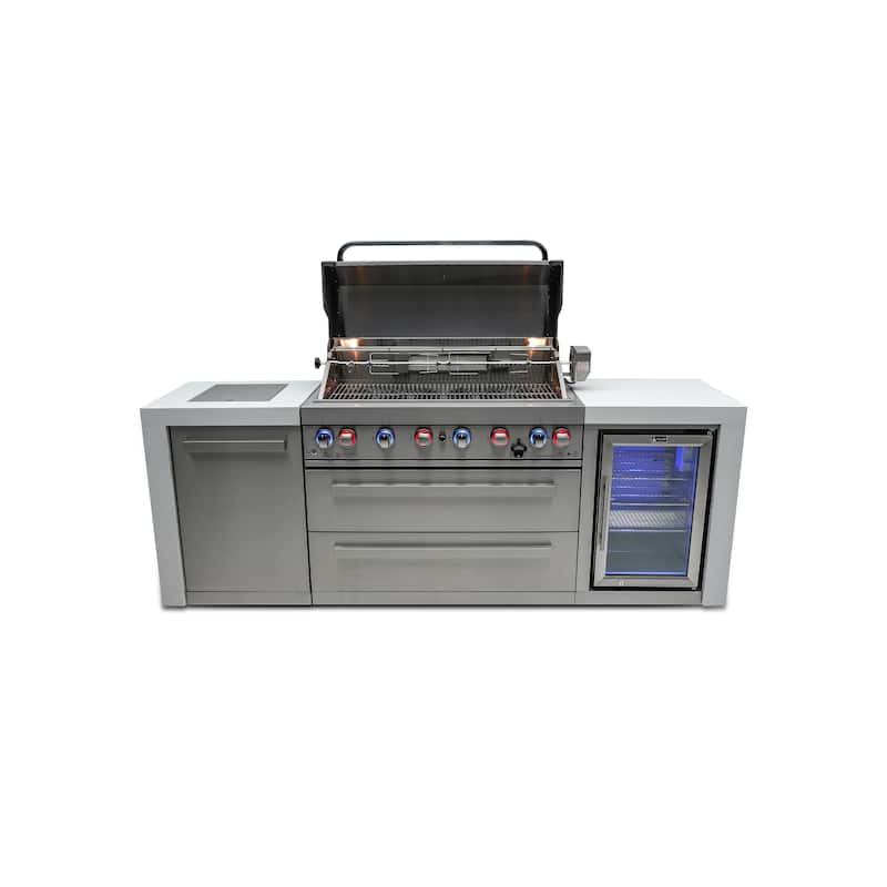 Mont Alpi MAi805-DFC 44-inch 6-Burner Deluxe Stainless Steel Outdoor Kitchen Island Grill + Fridge Cabinet + Granite Countertops