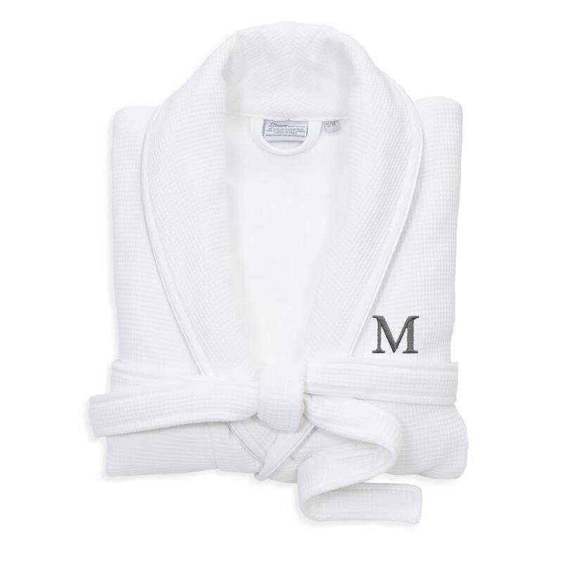 Authentic Hotel and Spa White Unisex Turkish Cotton Waffle Weave Terry Bath Robe with Grey Block Monogram - S/M - M
