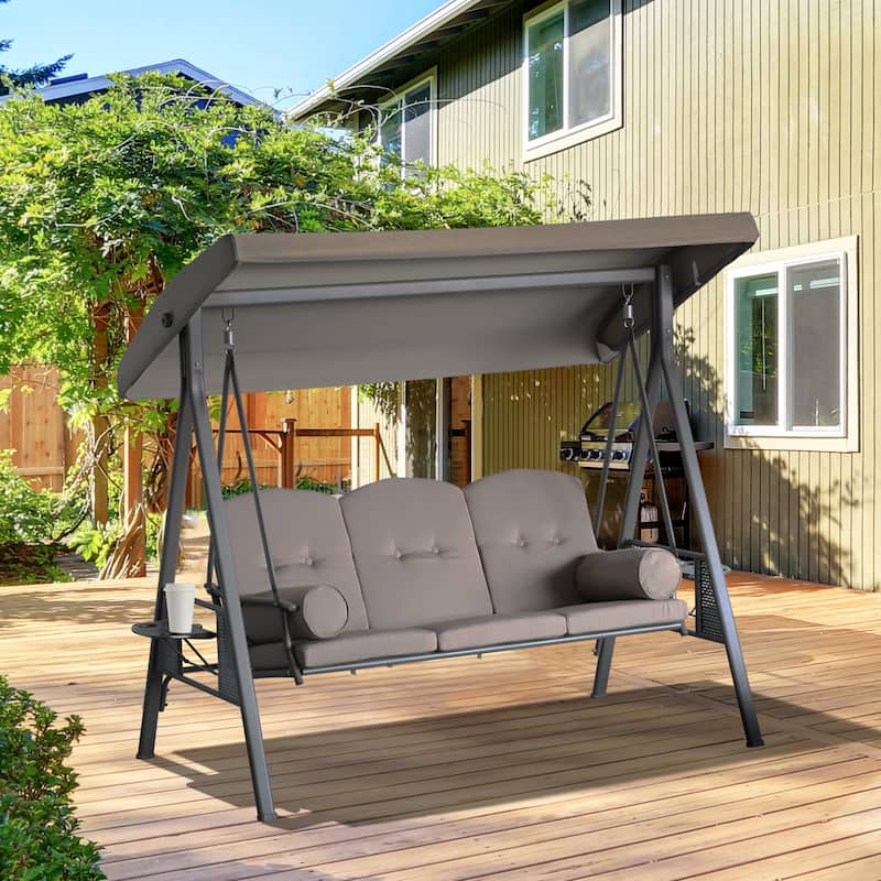 Outsunny Outdoor Patio 3-Person Canopy Cushioned Seat Bench Swing with Included Side Trays & Padded Comfort - Brown