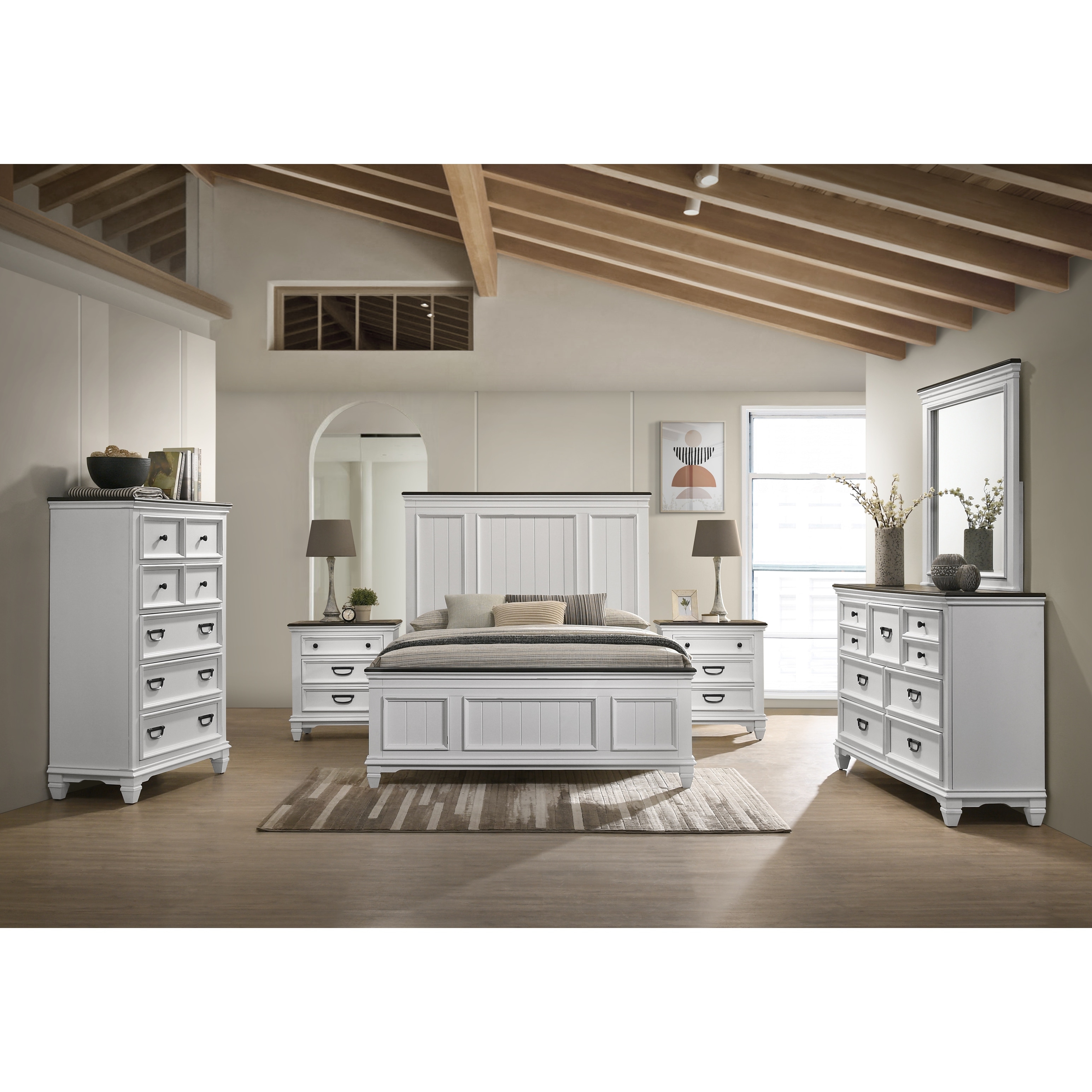 Roundhill Furniture Clelane Wood Bedroom Set with Bed Dresser Mirror Two Nightstands and Chest in Weathered White and Grey