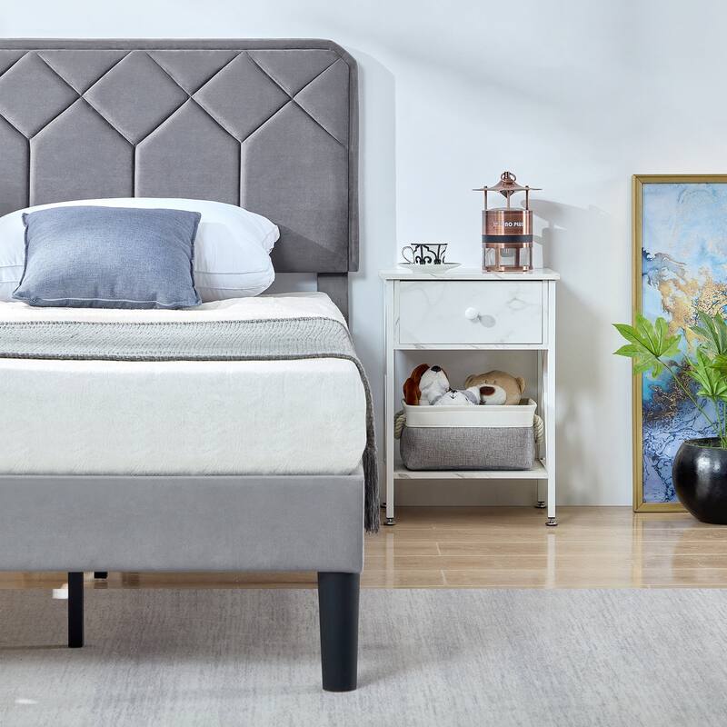 2 Pack Twin Size Kids Bed Frame Height Adjustable Diamond Pattern Upholstered Headboard Bed Twin Size Bed Set of 2