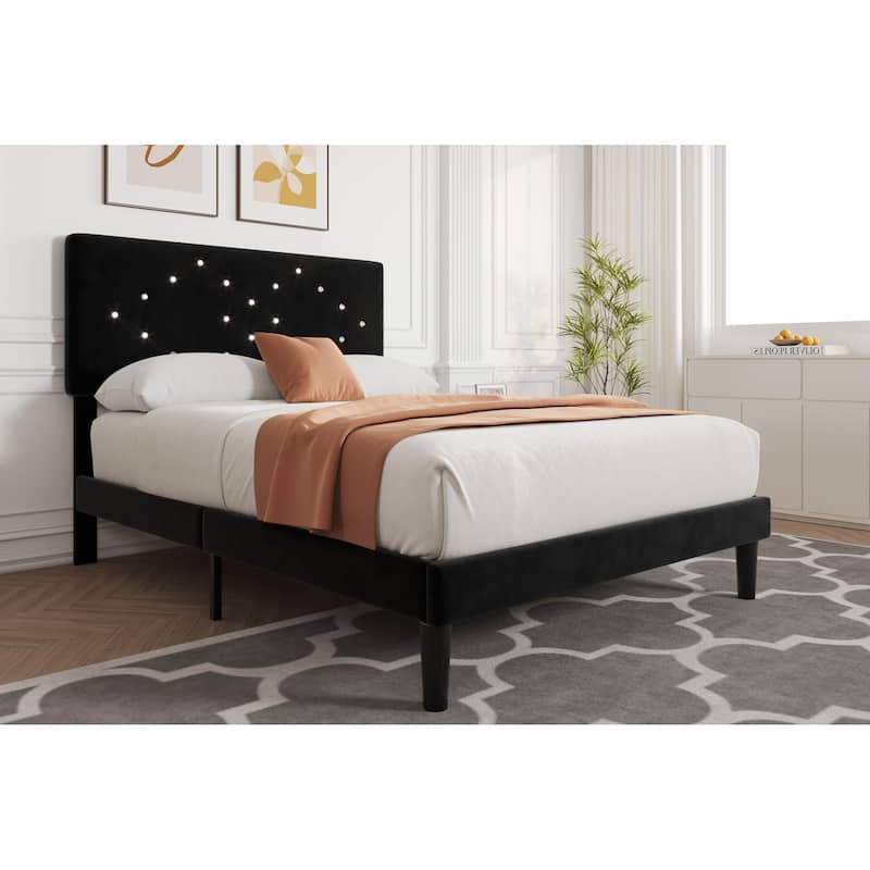 Velvet Upholstered Bed Frame, Vertical Channel Tufted & Sturdy Wood Slats
