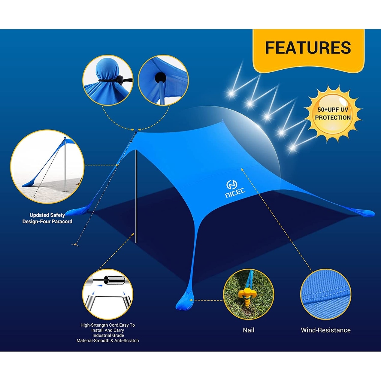 SUN NINJA 8 Person Pop Up Beach Tent Sun Shelter UPF 50+ Protection Shovel  Pegs