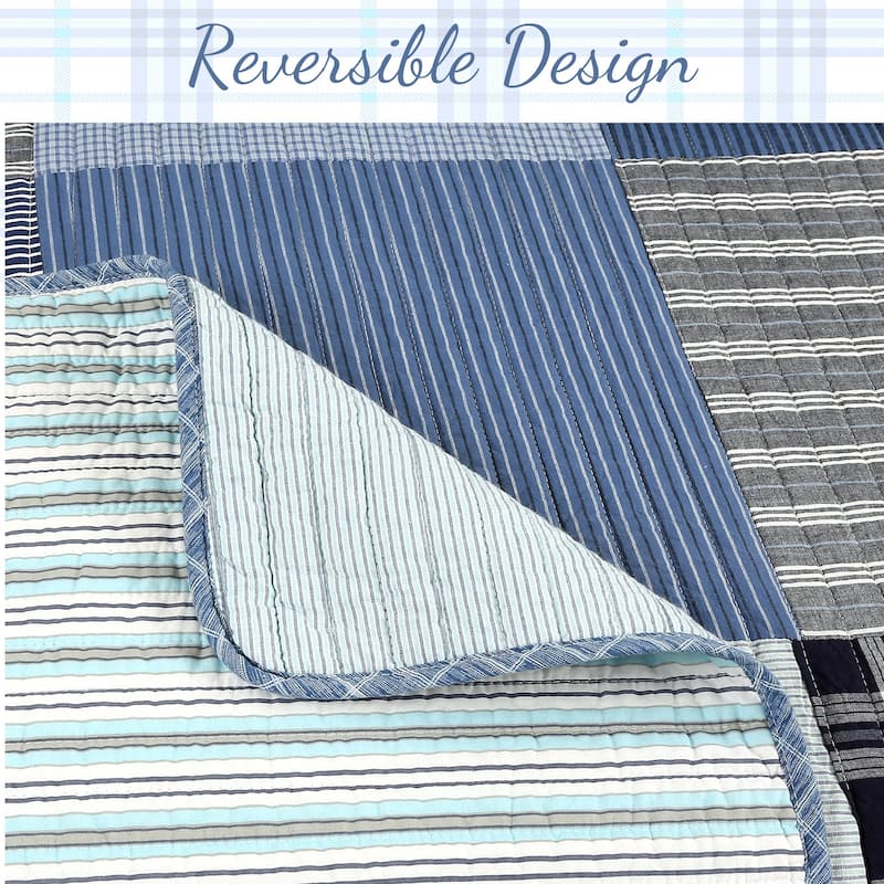 Cozy Line Navy Klein Blue Plaid Stripe Tartan Patchwork Cotton Reversible Quilt Bedding Set