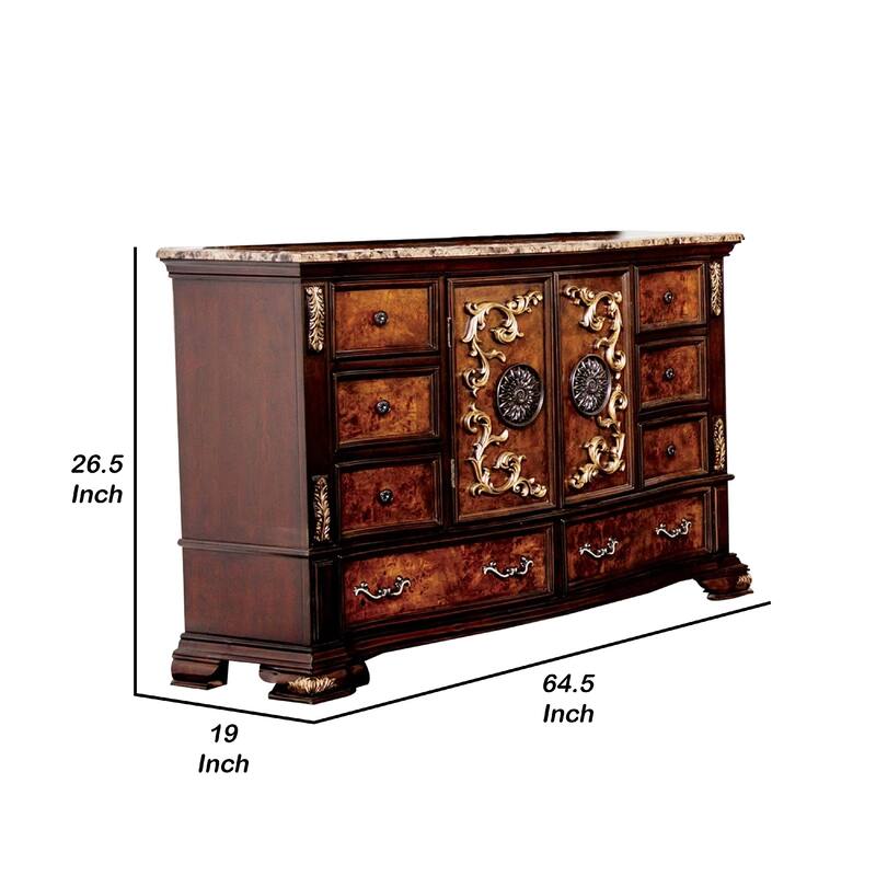 Iliana 8 Drawer Wide Dresser with 2 Door Cabinet, Dark Cherry Brown Wood
