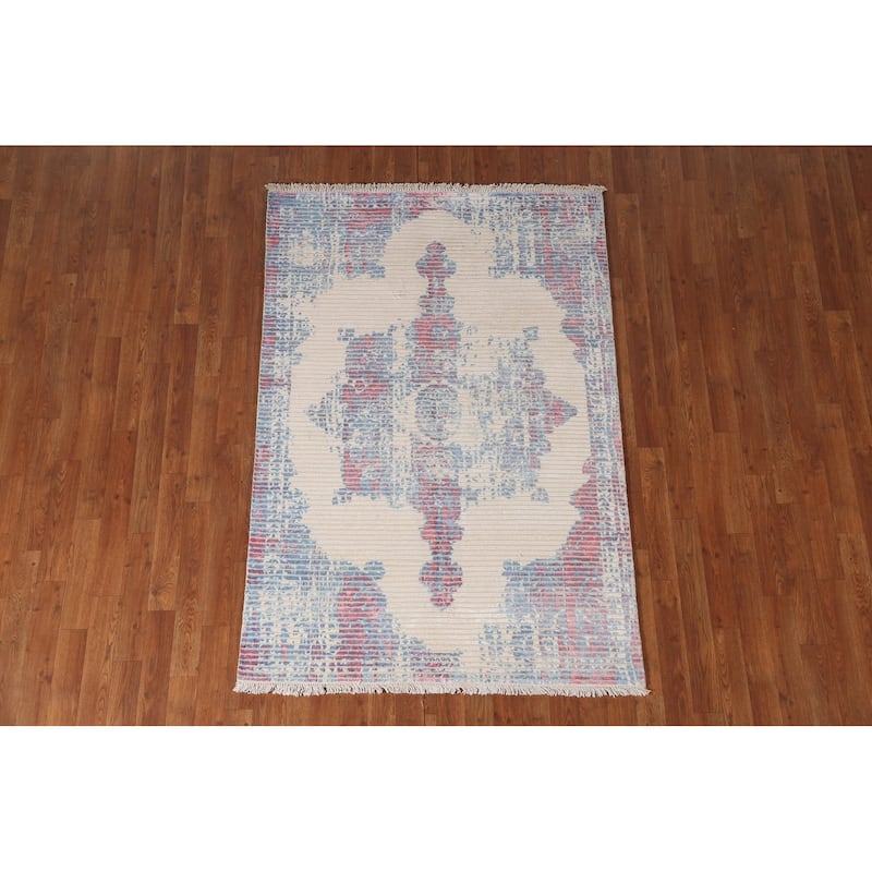Striped Abstract Indian Accent Rug Handmade Wool Carpet - 3'11"x 5'10"