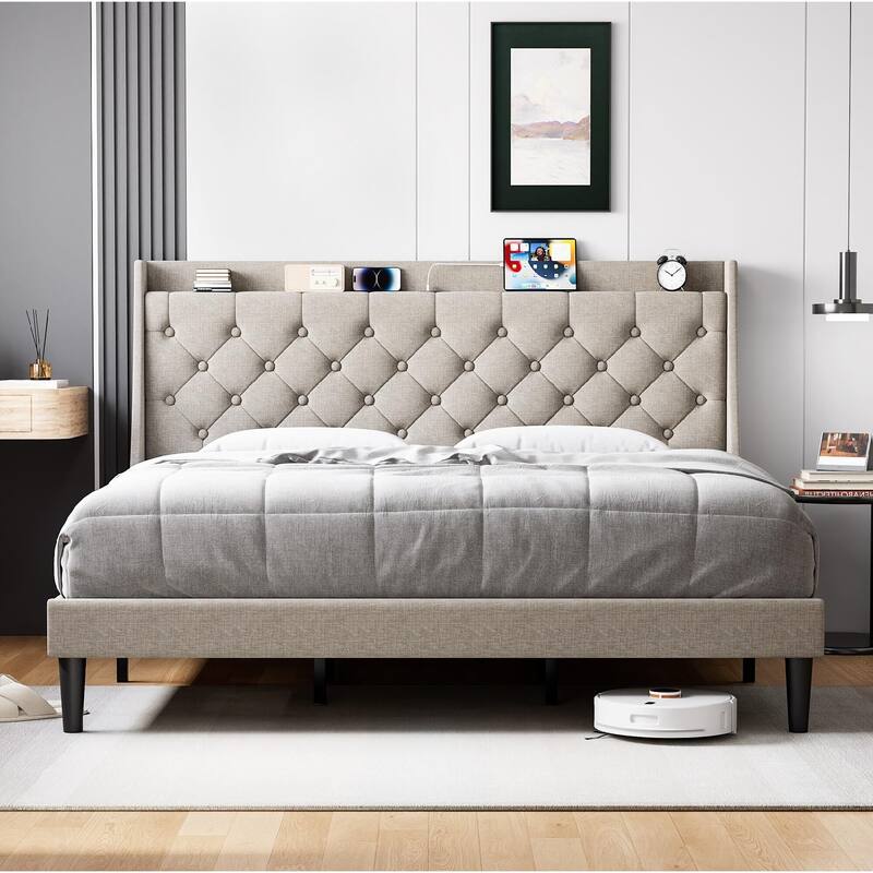 Bed Frame with Charging Station and Storage Shelf