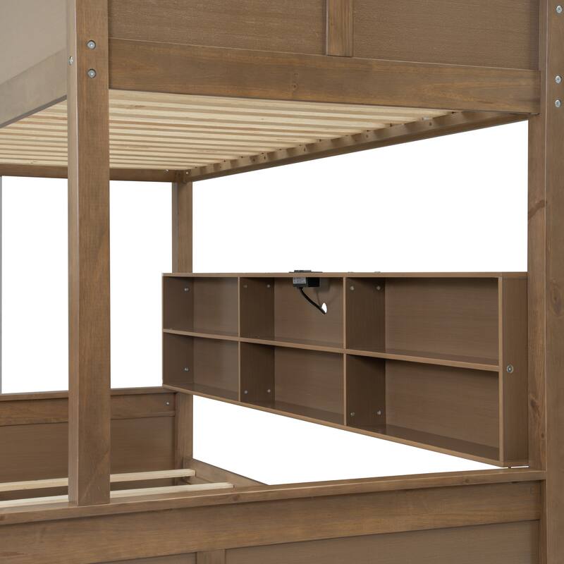 Twin XL over Queen Bunk Bed with Storage Cabinets and USB Ports in Antique Wood Finish