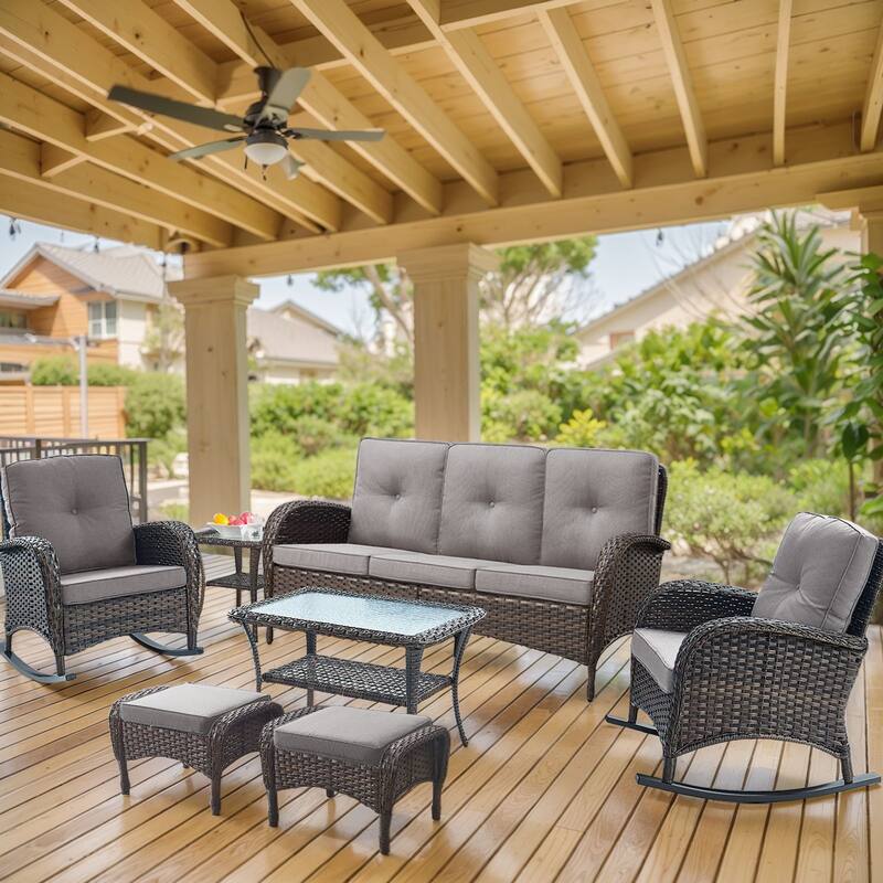 7 Pieces Rocker Chairs Sofa Ottomans Brown-Grey - Brown - Brown - Grey