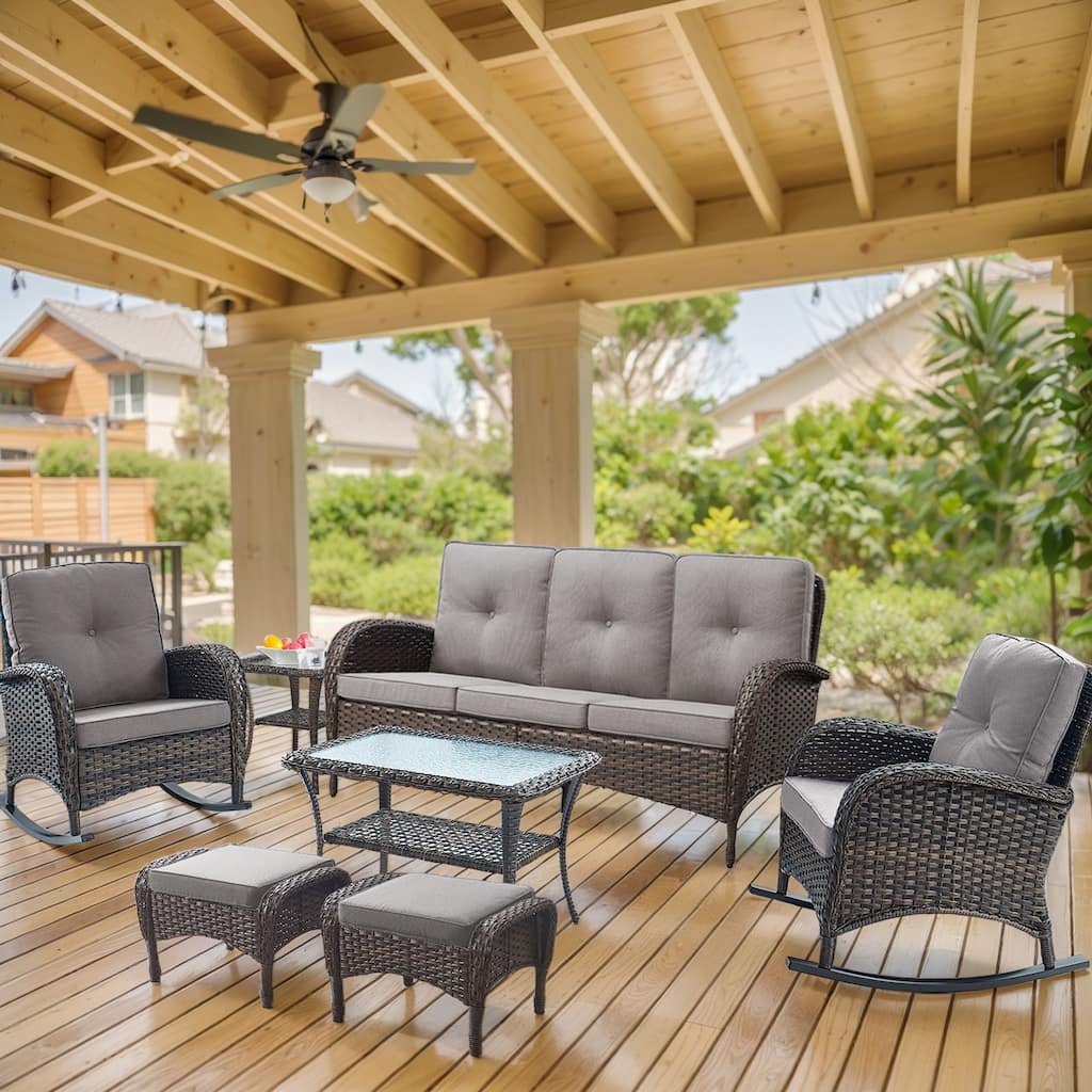 7 Pieces Rocker Chairs Sofa Ottomans Brown-Grey - Brown