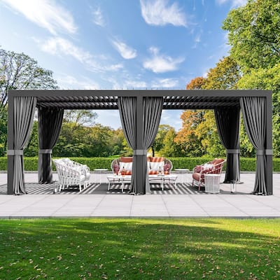 Louvered Pergola 10'x20' with USB Charging Port Deck, Netting and Curtains for Patio Deck Garden, Black