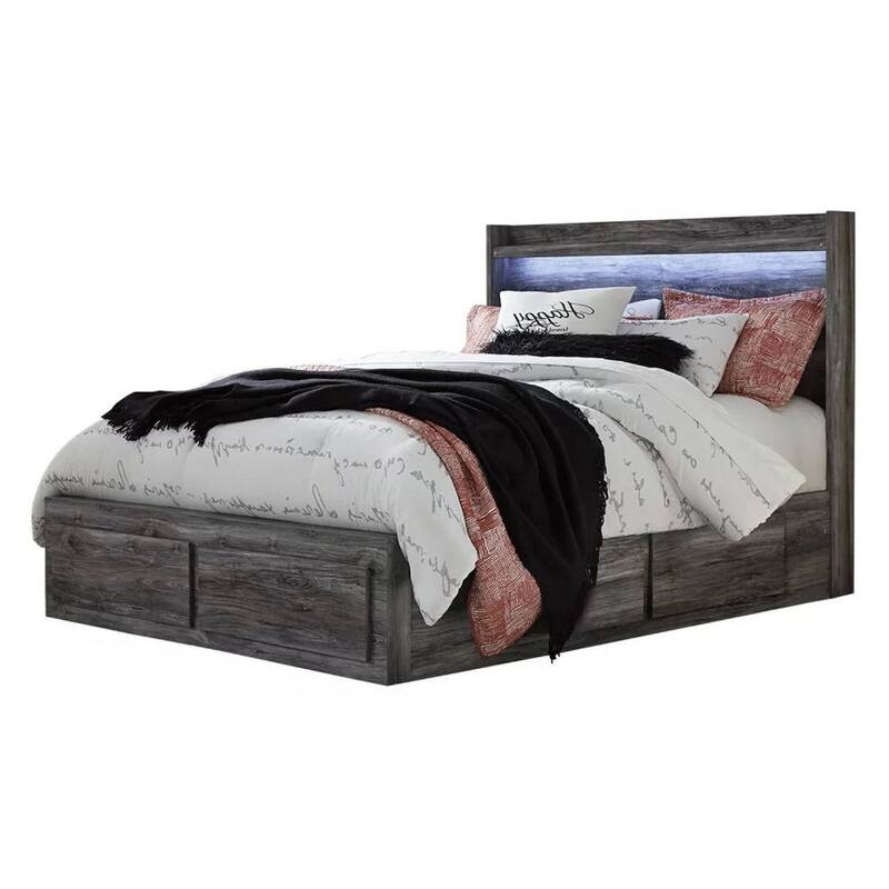 Bays Queen Size Storage Bed with 4 Drawers, Driftwood Smoke Gray, LED