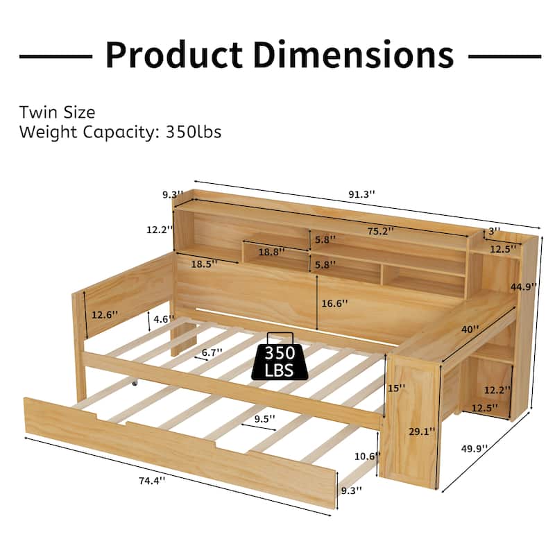 Multi-functional Daybed with Storage Shelves, Trundle Bed and Study Desk