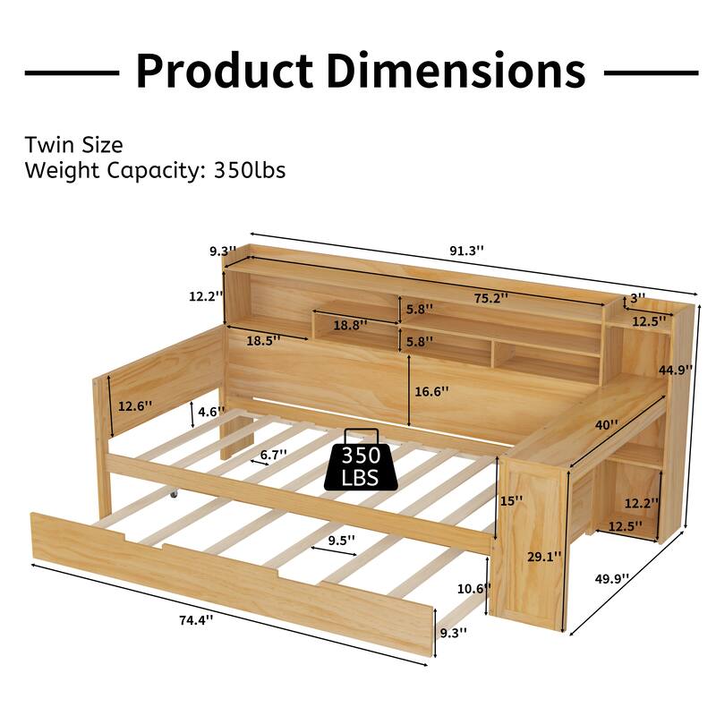 Twin Size Wood Daybed with Trundle, Storage Shelves and Built-in Study Desk, Multifunctional Space-Saving Bed