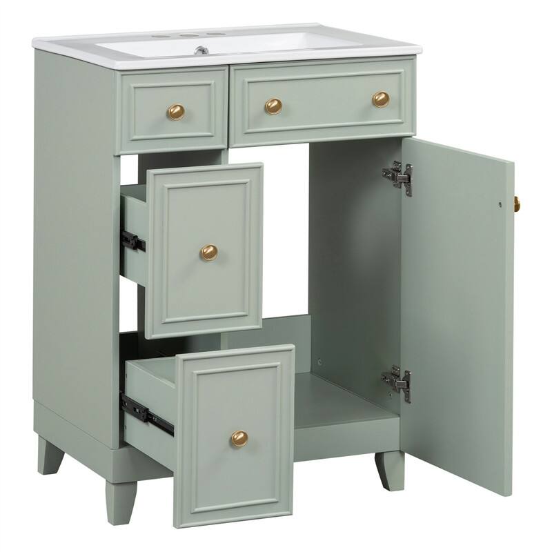 24'' Bathroom Vanity with Ceramic Sink Top, Freestanding Bathroom Vanity Cabinet with 1 Soft Close Door and 2 Storage Drawers