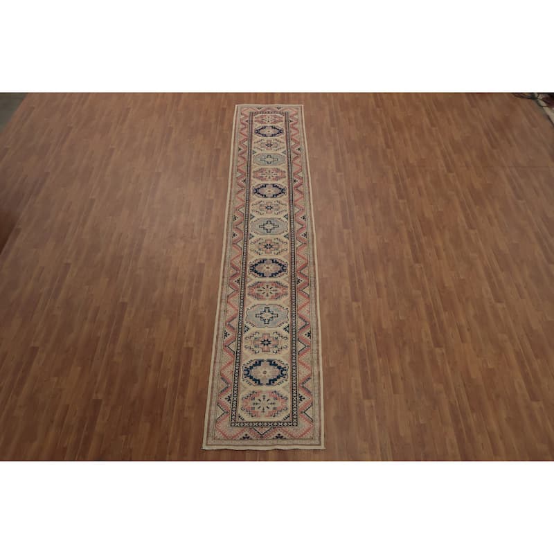 Hand Knotted Oriental 100% Wool Carpet Traditional Geometric Beige & Ivories Kazak Runner Rug - 16' 3'' X 3' 2''